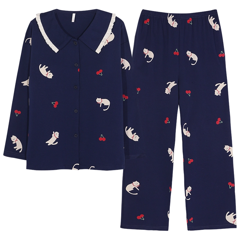 帕兰朵 春秋季纯棉长袖可爱公主风开衫家居服带胸垫舒适透气睡衣套装 女款
