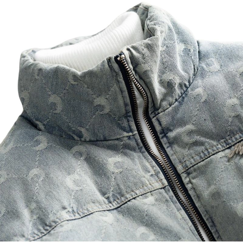 宫奴 日系复古潮牌做旧水洗月亮提花牛仔立领棉服 男女同款