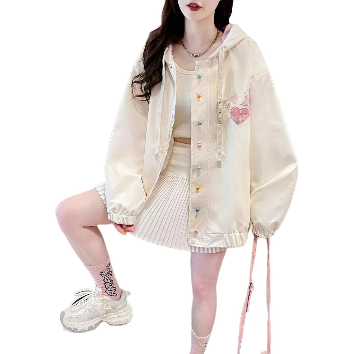 邦固依品 格子刺绣外套女春秋季少女夹克初高中学生大童上衣棒球服 女款