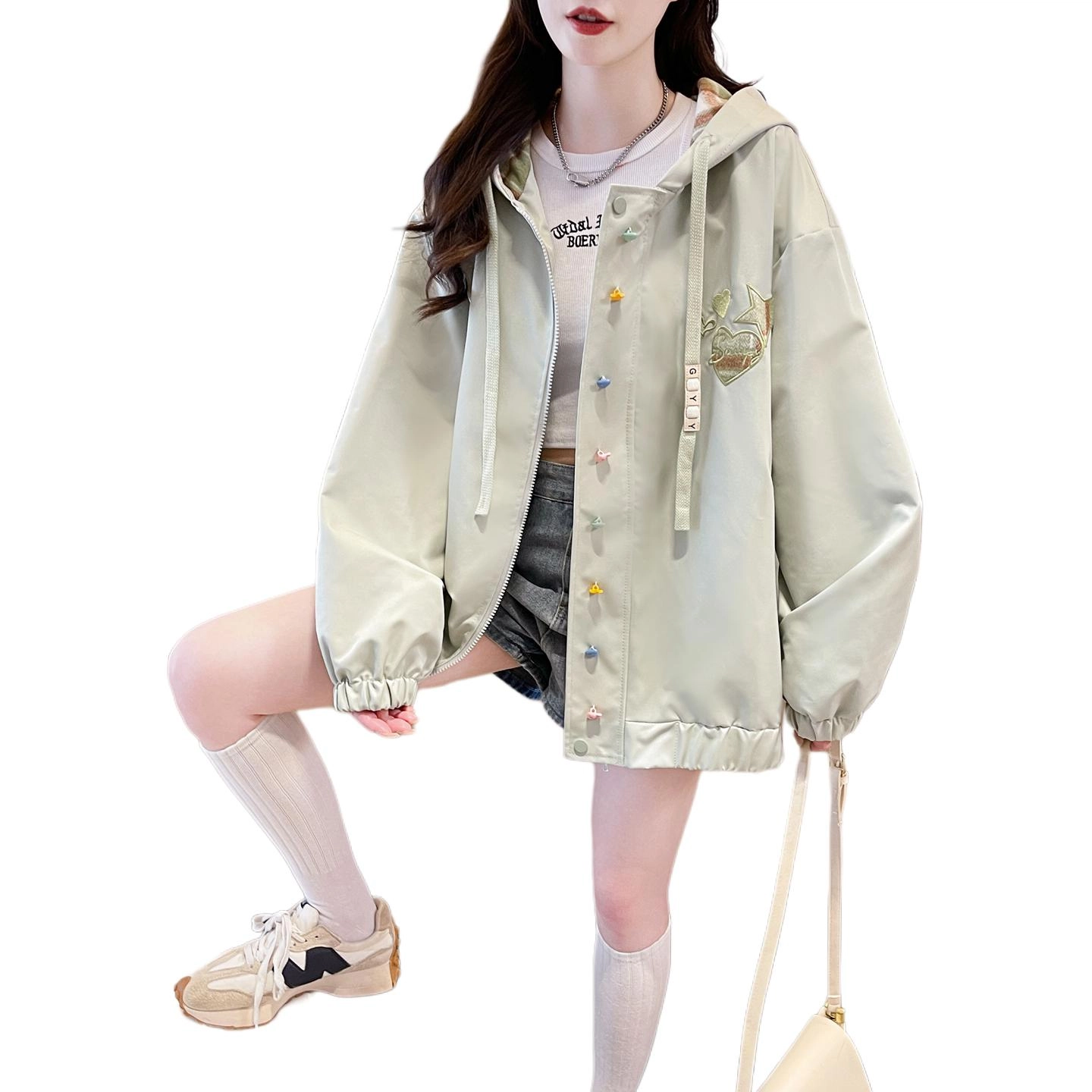 邦固依品 格子刺绣外套女春秋季少女夹克初高中学生大童上衣棒球服 女款