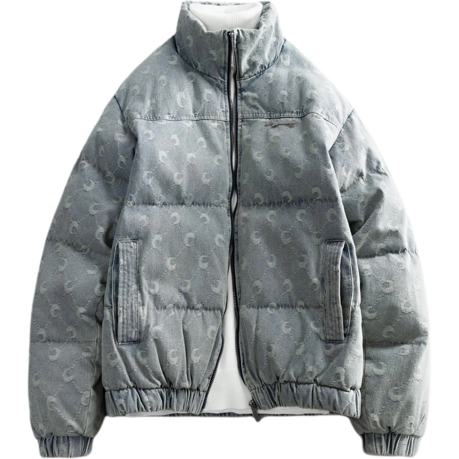 宫奴 日系复古潮牌做旧水洗月亮提花牛仔立领棉服 男女同款