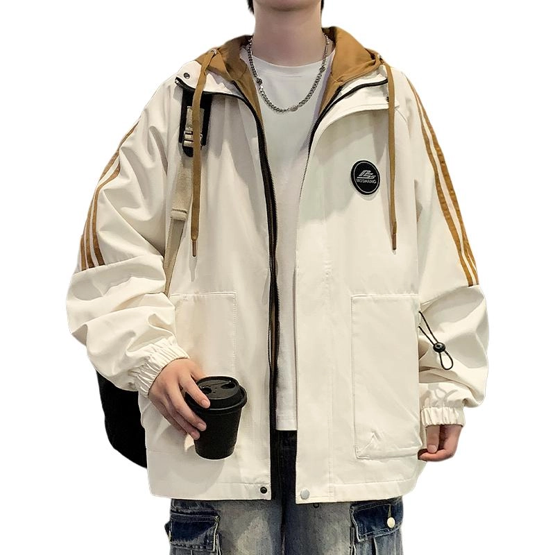 洋气先生 美式潮流假两件山系户外撞色拼接侧边条纹胸前徽章连帽拉链设计长袖休闲舒适保暖防风日常通勤无性别主义百搭外套夹克 男女同款