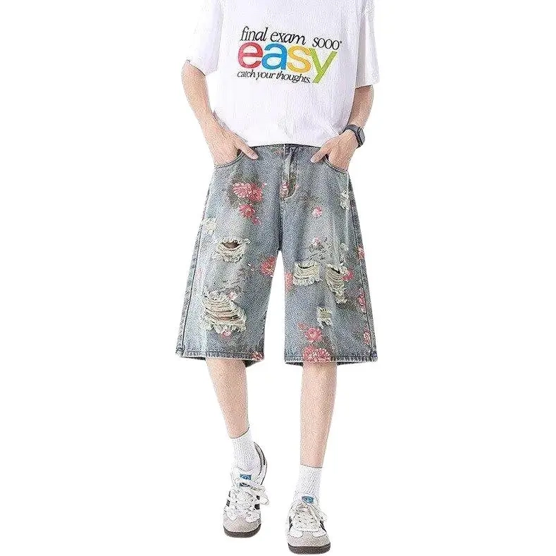 寻星记 美式潮流高街小众花卉印花舒适宽松高腰痞帅百搭日常休闲五分牛仔短裤 男女同款