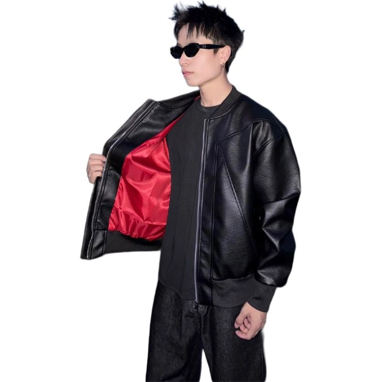 佑麟 美式短款皮衣外套秋季痞帅高级感机车服红内棒球服飞行皮夹克 男女同款