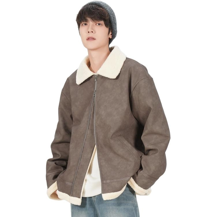 洋气先生 秋冬季美式复古拼色设计翻领纯色加绒长袖休闲舒适保暖防风日常户外通勤徒步无性别主义简约百搭皮衣外套夹克 男女同款