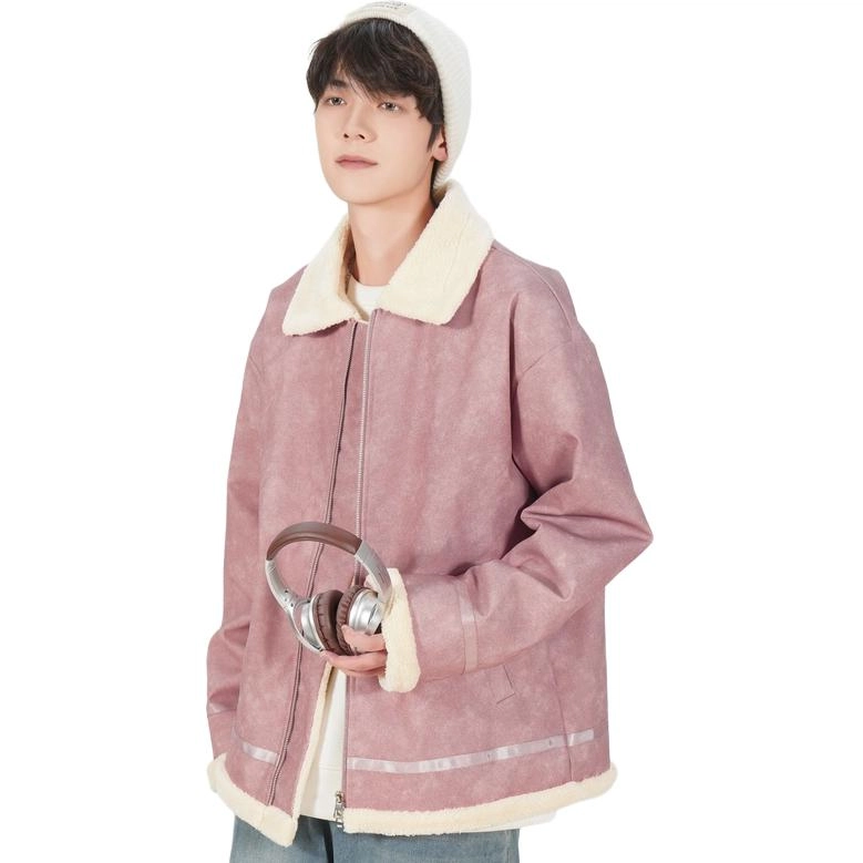 洋气先生 秋冬季美式复古拼色设计翻领纯色加绒长袖休闲舒适保暖防风日常户外通勤徒步无性别主义简约百搭皮衣外套夹克 男女同款