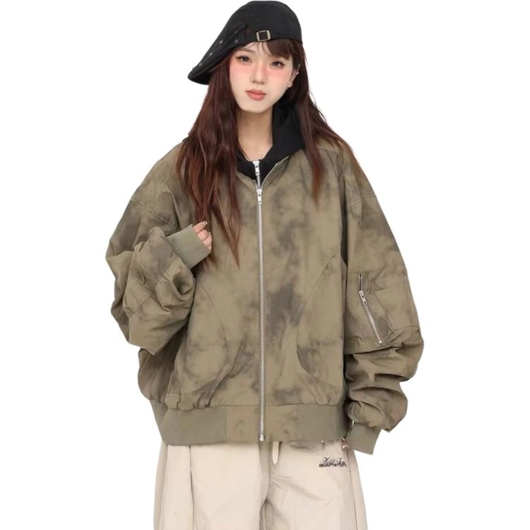洋气先生 美式复古简约时尚扎染小众高级感潮流帅气日常基础休闲宽松百搭防风保暖城市机能风假两件连帽外套卫衣夹克 男女同款