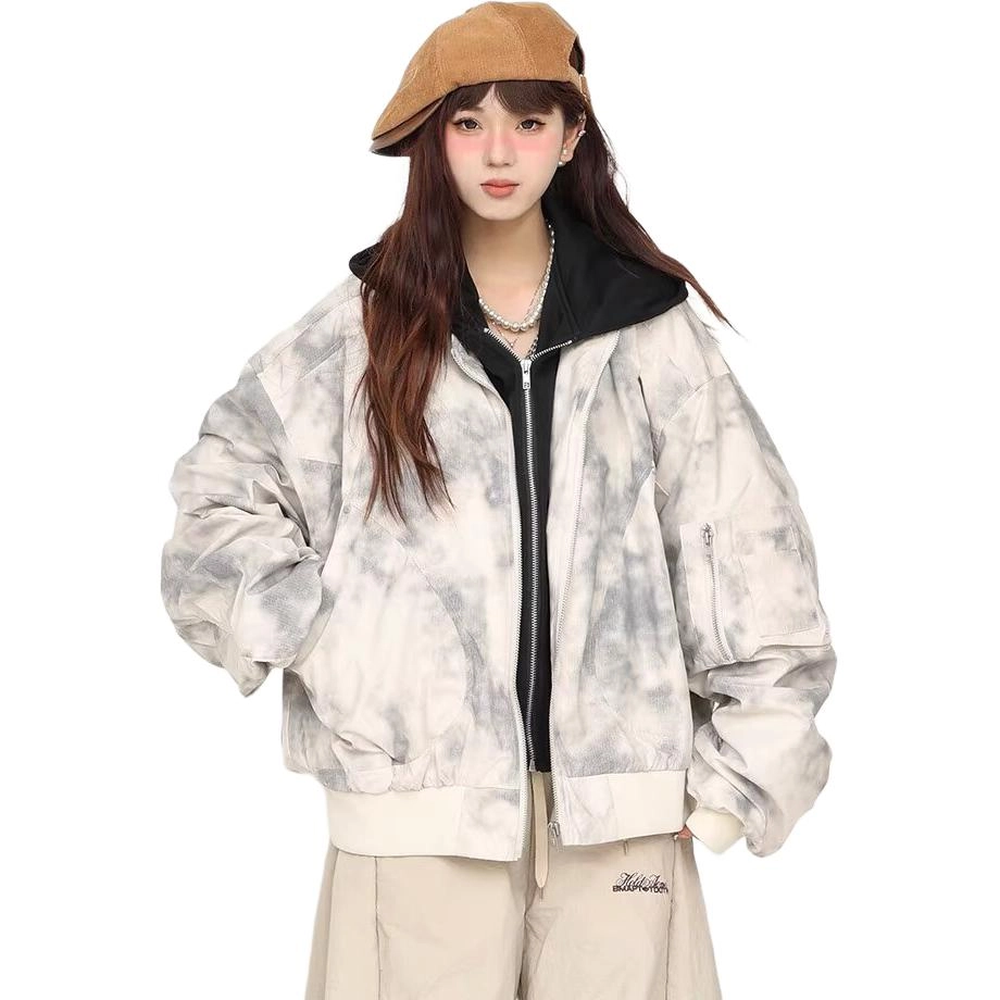 洋气先生 美式复古简约时尚扎染小众高级感潮流帅气日常基础休闲宽松百搭防风保暖城市机能风假两件连帽外套卫衣夹克 男女同款