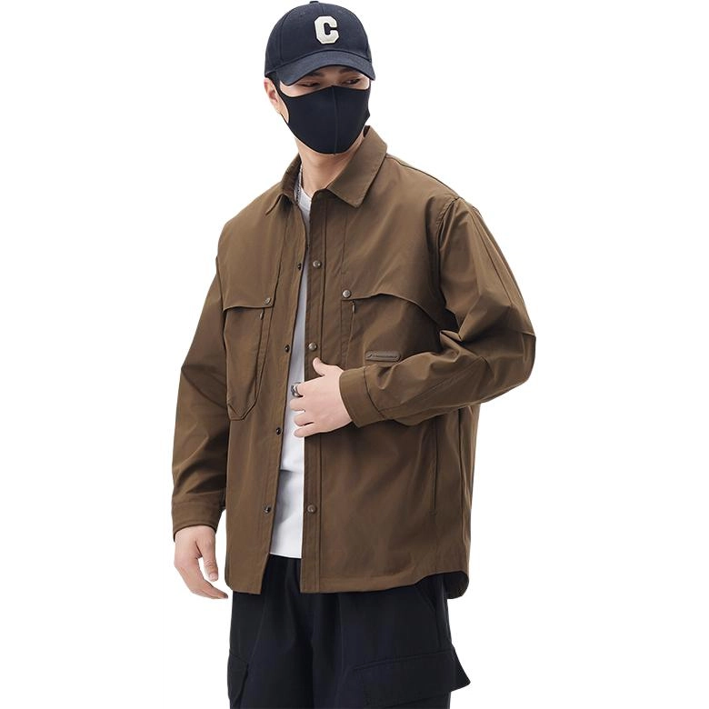 羽浅 山系机能工装大口袋衬衫翻领外套男春秋季青年时尚单排扣纯色夹克 男款