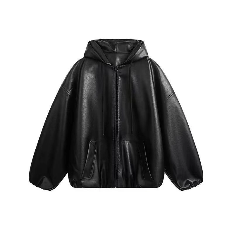 木木兔 美式复古连帽皮衣痞帅高级感外套机车服夹克 男款