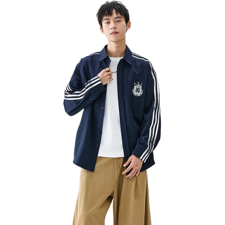 洋气先生 美式潮牌学院风胸图案刺绣三条杠条纹设计单排扣翻领长袖休闲宽松舒适耐磨有弹力日常通勤徒步简约百搭开衫上衣衬衫 男女同款