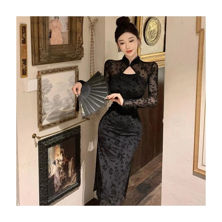 俞兆林 半开领包臀裙复古时尚开叉修身显瘦长袖连衣裙 女款