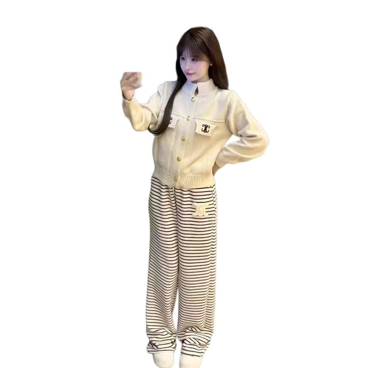 轻迎 刺绣针织毛衣外套高腰条纹直筒拖地裤休闲套装 女款