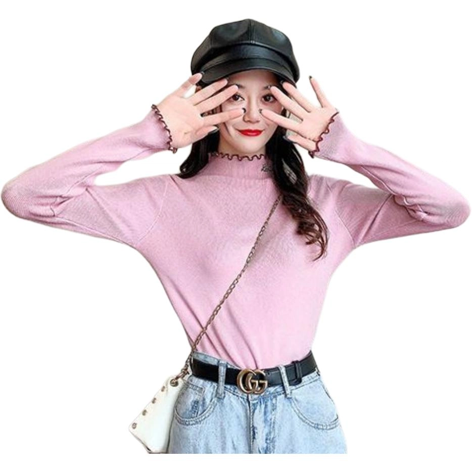 俞兆林 甜美小清新木耳边修身显瘦百搭可爱少女内搭打底衫简约舒适针织衫 女款