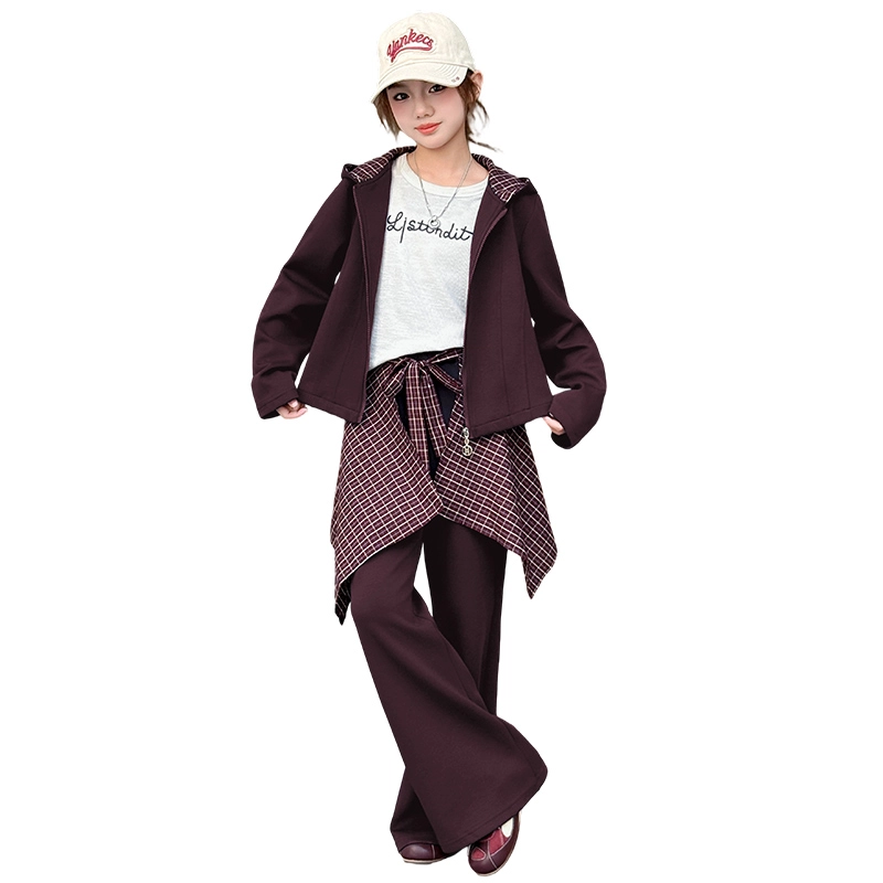 帕兰朵休闲运动套装 儿童喇叭裤秋季洋气时尚早秋女大童格子拼接三件 青少年