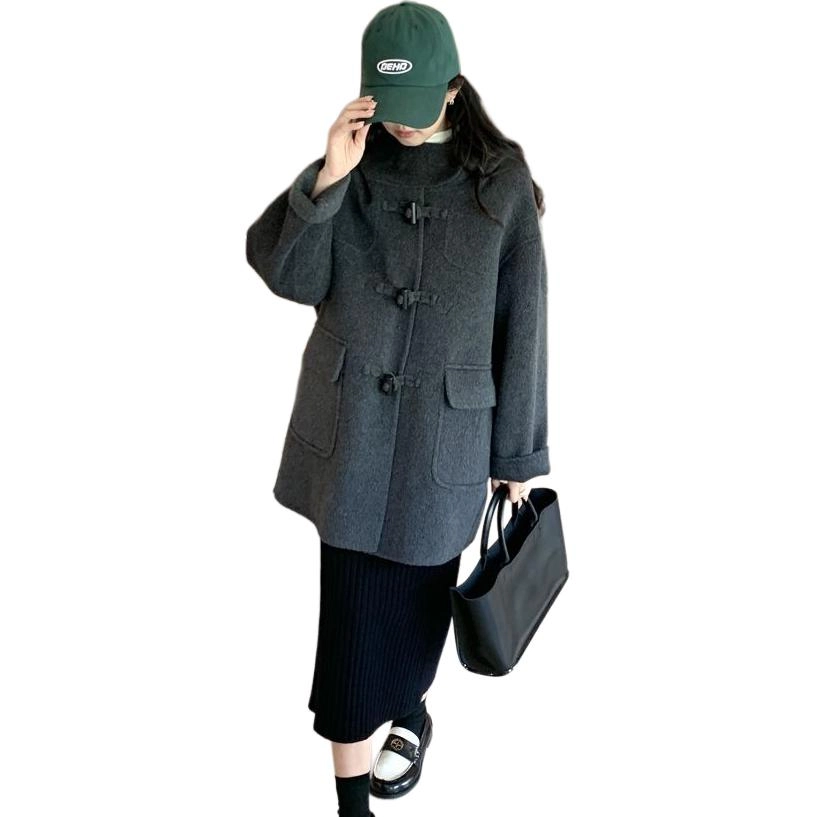 邓大喵 秋冬连帽牛角扣双面毛呢女小个子百搭减龄外套好看大衣 女款
