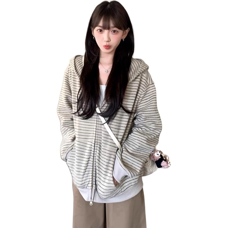 拓菲 美式条纹连帽外套女秋季拉链开衫宽松休闲上衣潮卫衣 男女同款