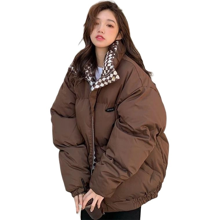 俞兆林 韩版宽松立领短款面包服外套潮流时尚棋盘格内衬棉服 女款