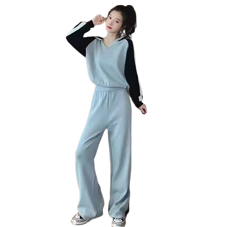 轻迎 卫衣运动条纹连帽上衣阔腿裤休闲套装 女款