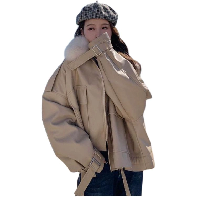 邓大喵 外套女秋冬大码宽松加绒加厚小个子短款棉服皮衣 女款