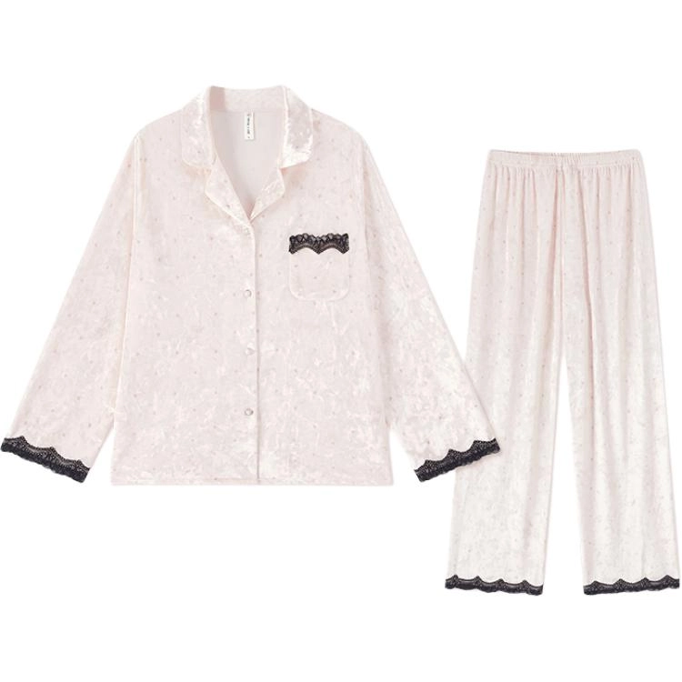 秀黛 金丝绒长袖薄绒冬季冬天高级感蕾丝家居服睡衣套装 女款