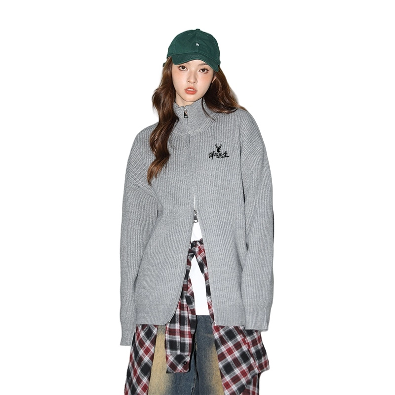 洋气先生 美式洋气潮牌时尚潮流简约大方软糯舒适宽松外穿纯色双拉链头设计长袖上衣日常通勤甜美酷帅无性别主义休闲百搭针织衫 男女同款