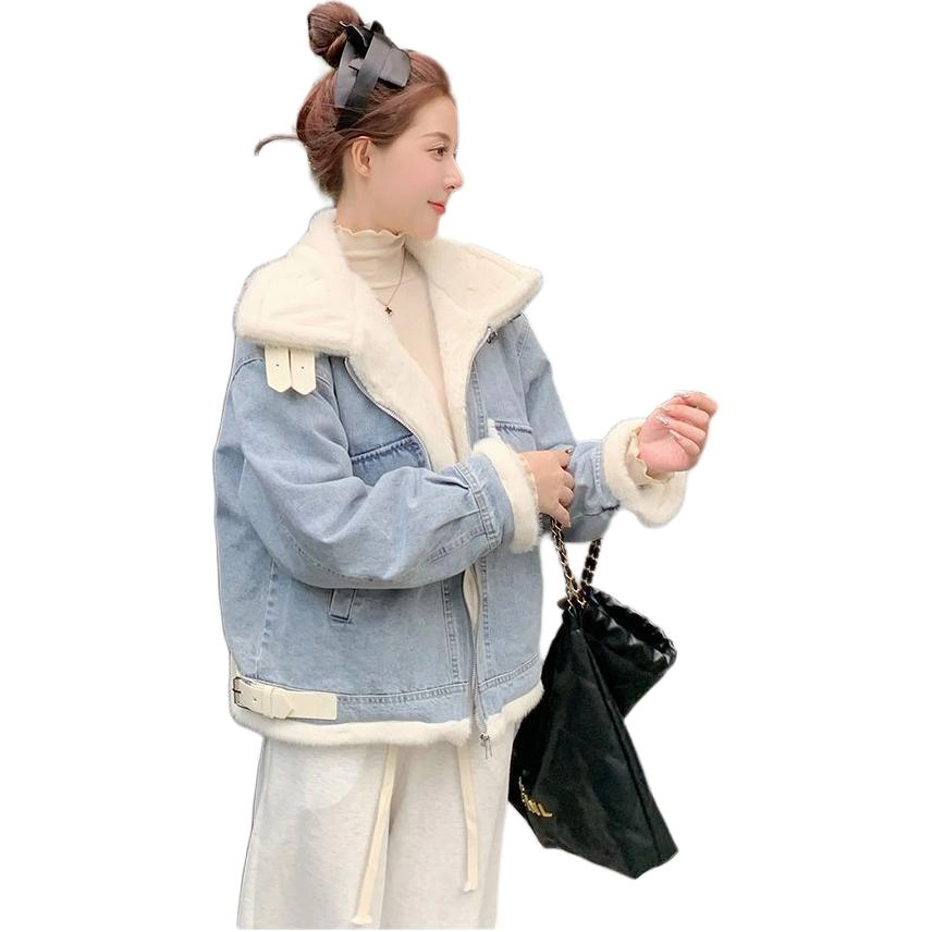 邓大喵 韩版加绒加厚女冬季高级感羊羔毛皮带扣立领夹克棉衣棉服牛仔外套 女款