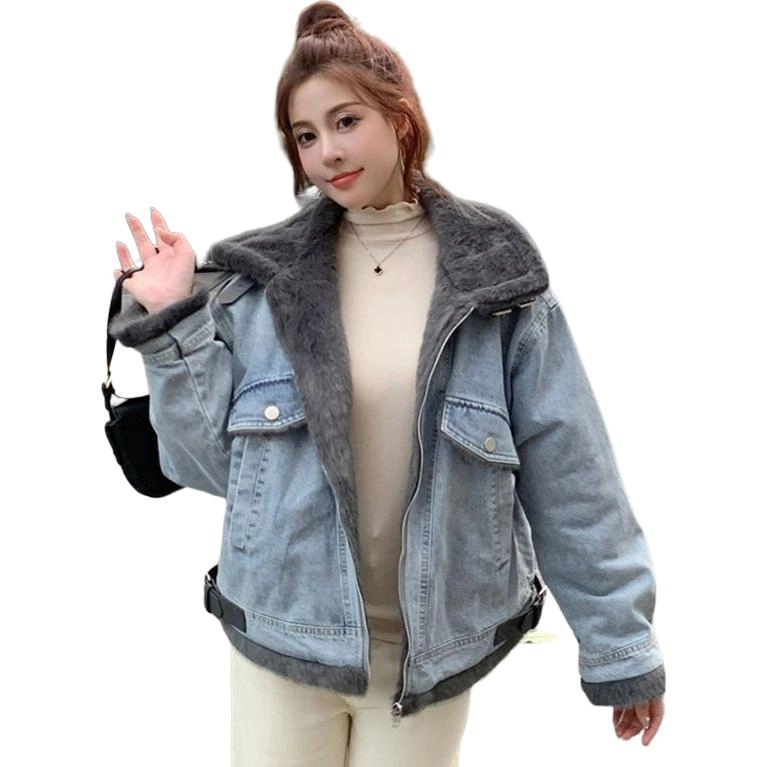邓大喵 韩版加绒加厚女冬季高级感羊羔毛皮带扣立领夹克棉衣棉服牛仔外套 女款