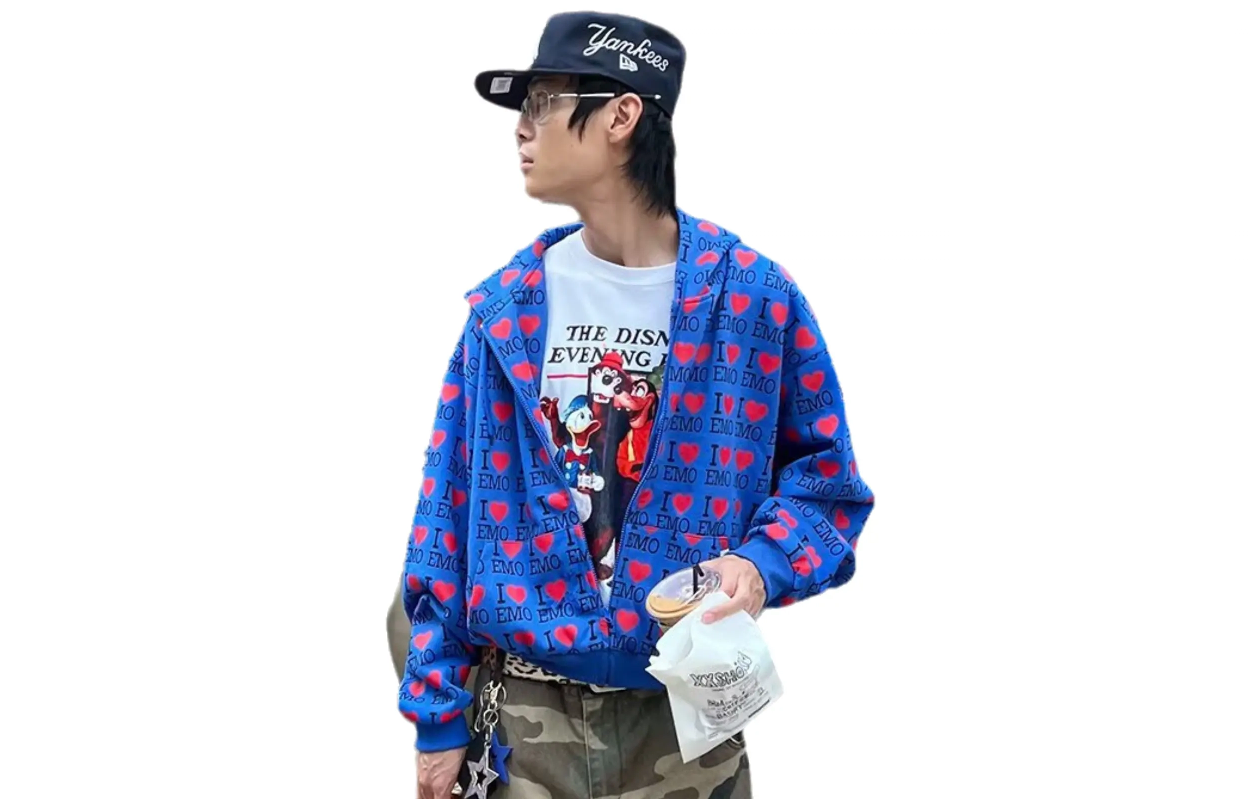 悍戈 美式复古小众设计感爱心字母满印连帽开衫短款保暖外套卫衣 男女同款