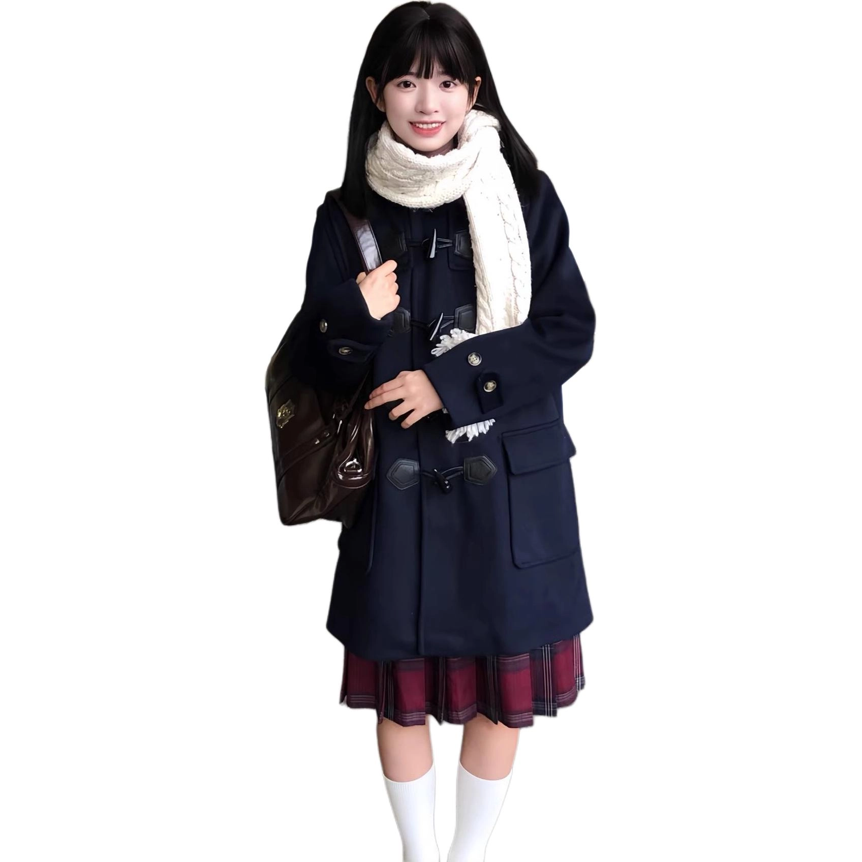 邓大喵 小众不撞款日系连帽牛角扣女学院风加厚长款外套秋冬穿搭大衣 女款