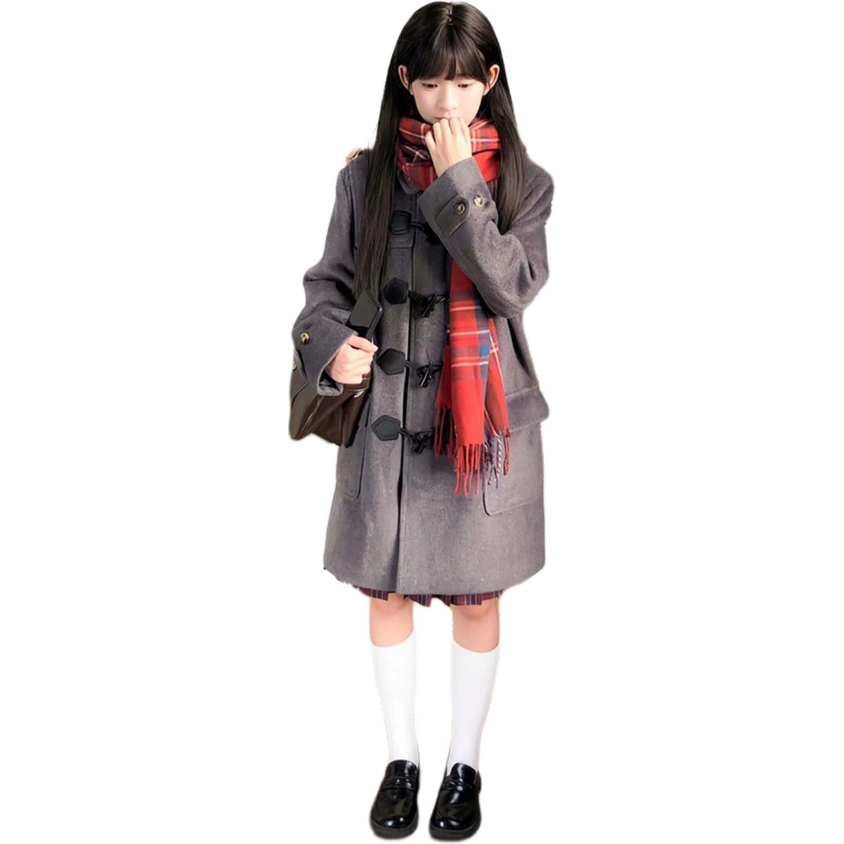 邓大喵 小众不撞款日系连帽牛角扣女学院风加厚长款外套秋冬穿搭大衣 女款