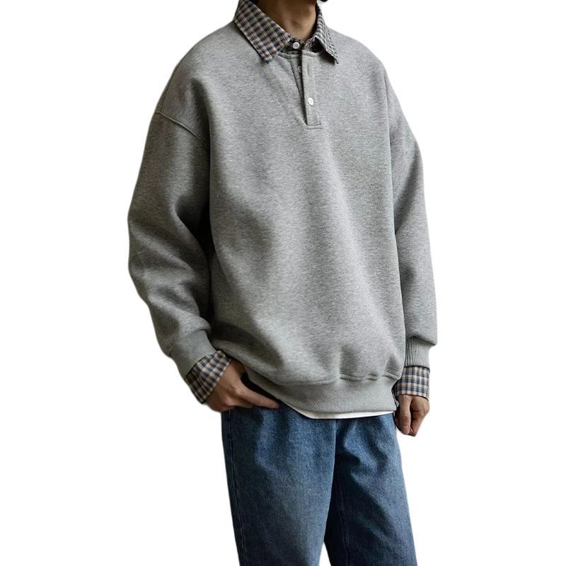 拓菲 格子拼接假两件男设计感衬衫领外套秋季潮流宽松情侣上衣卫衣 男女同款