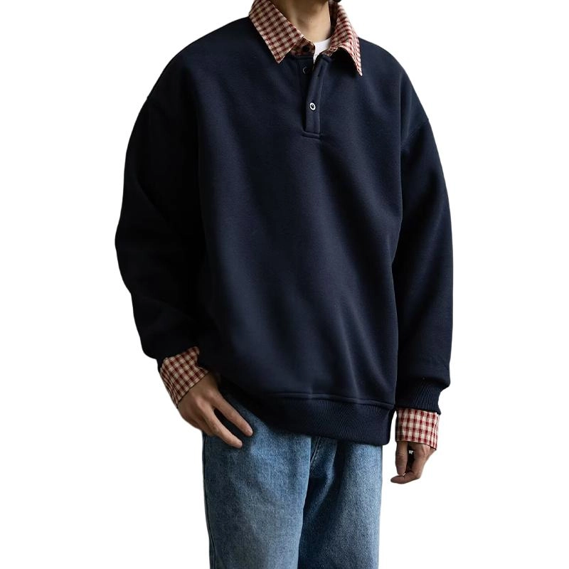 拓菲 格子拼接假两件男设计感衬衫领外套秋季潮流宽松情侣上衣卫衣 男女同款