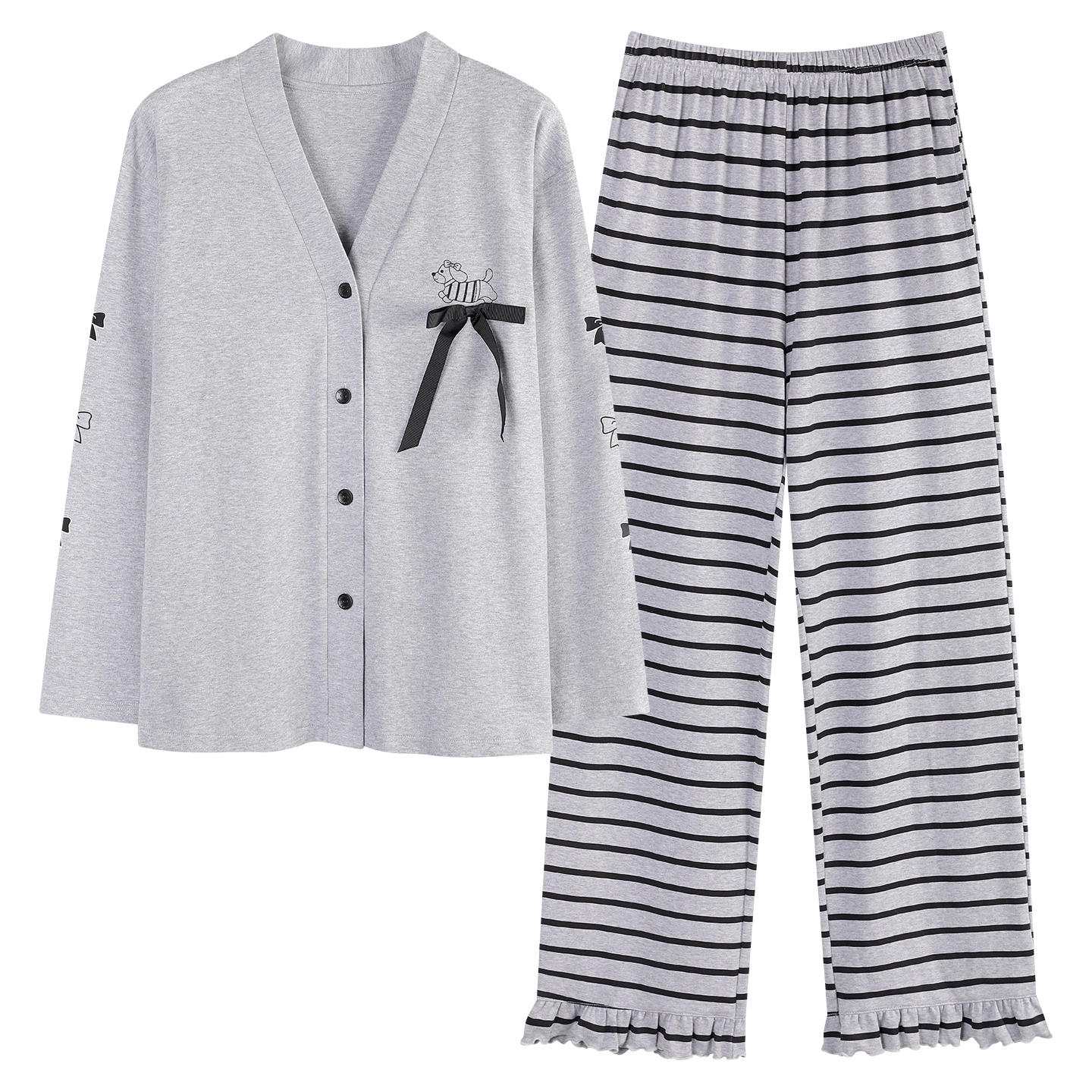 桔内 秋季纯棉开衫带胸垫蝴蝶结条纹家居服 睡衣套装 女款