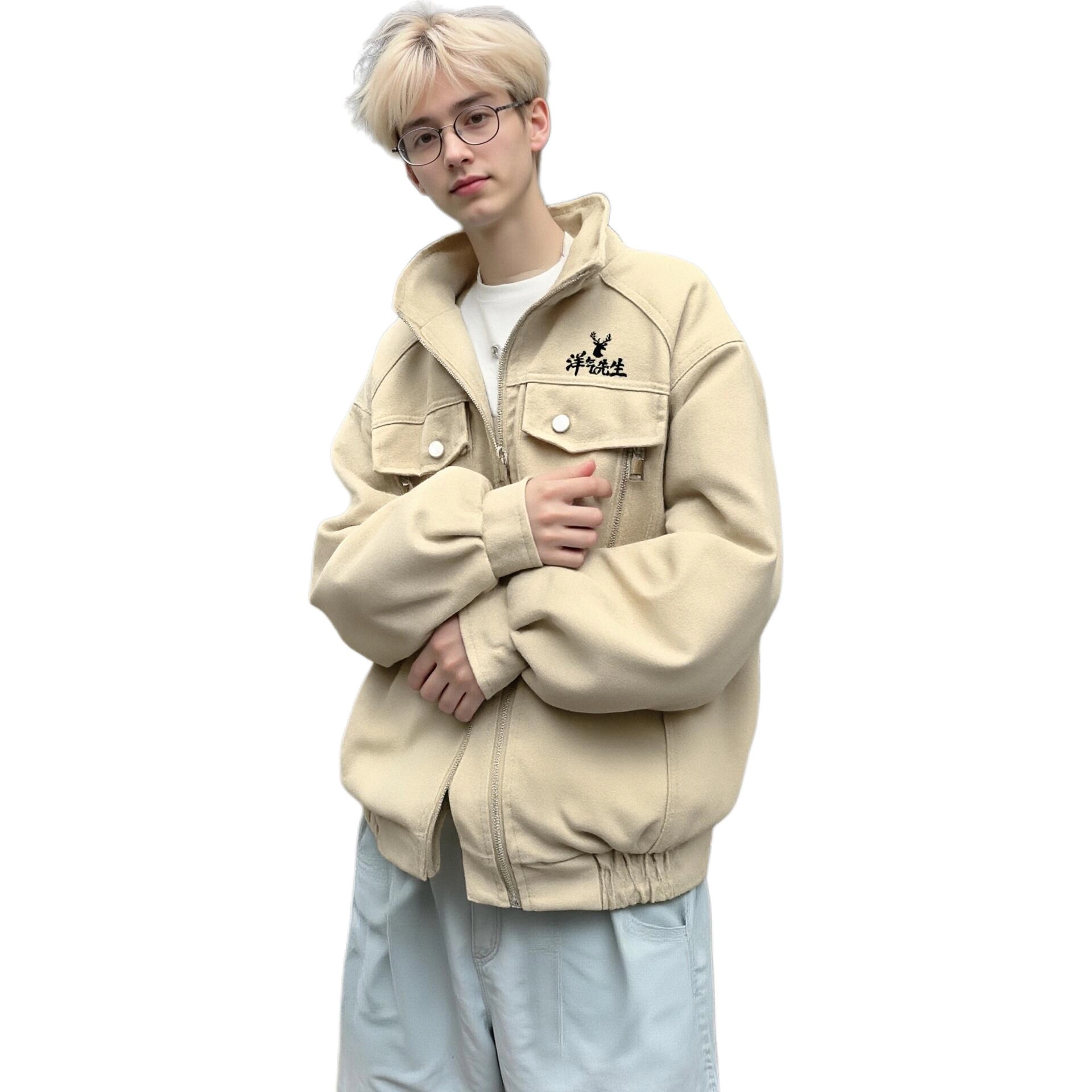 洋气先生 美式复古高街潮牌时尚潮流简约无性别主义日常通勤户外口袋设计小帅宽松舒适保暖拉链立领开衫休闲百搭上衣外套棉服 男女同款