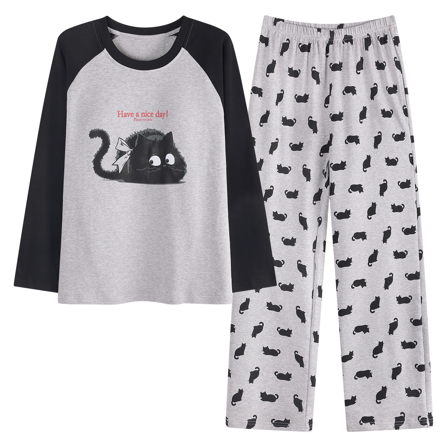 桔内 秋季纯棉自带胸垫可爱卡通猫咪可外穿家居服睡衣套装 女款