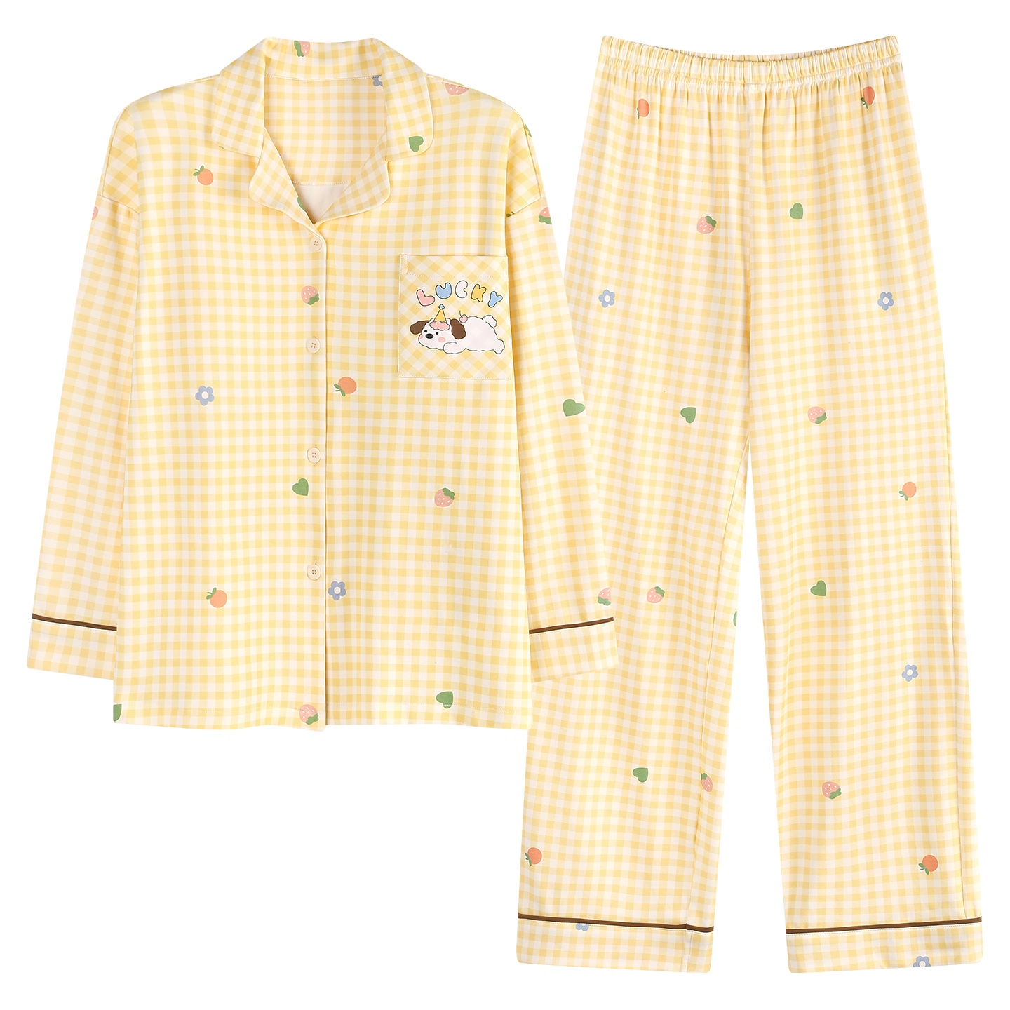 桔内 秋季纯棉开衫可爱卡通少女格子长袖家居服可外穿 睡衣套装 女款