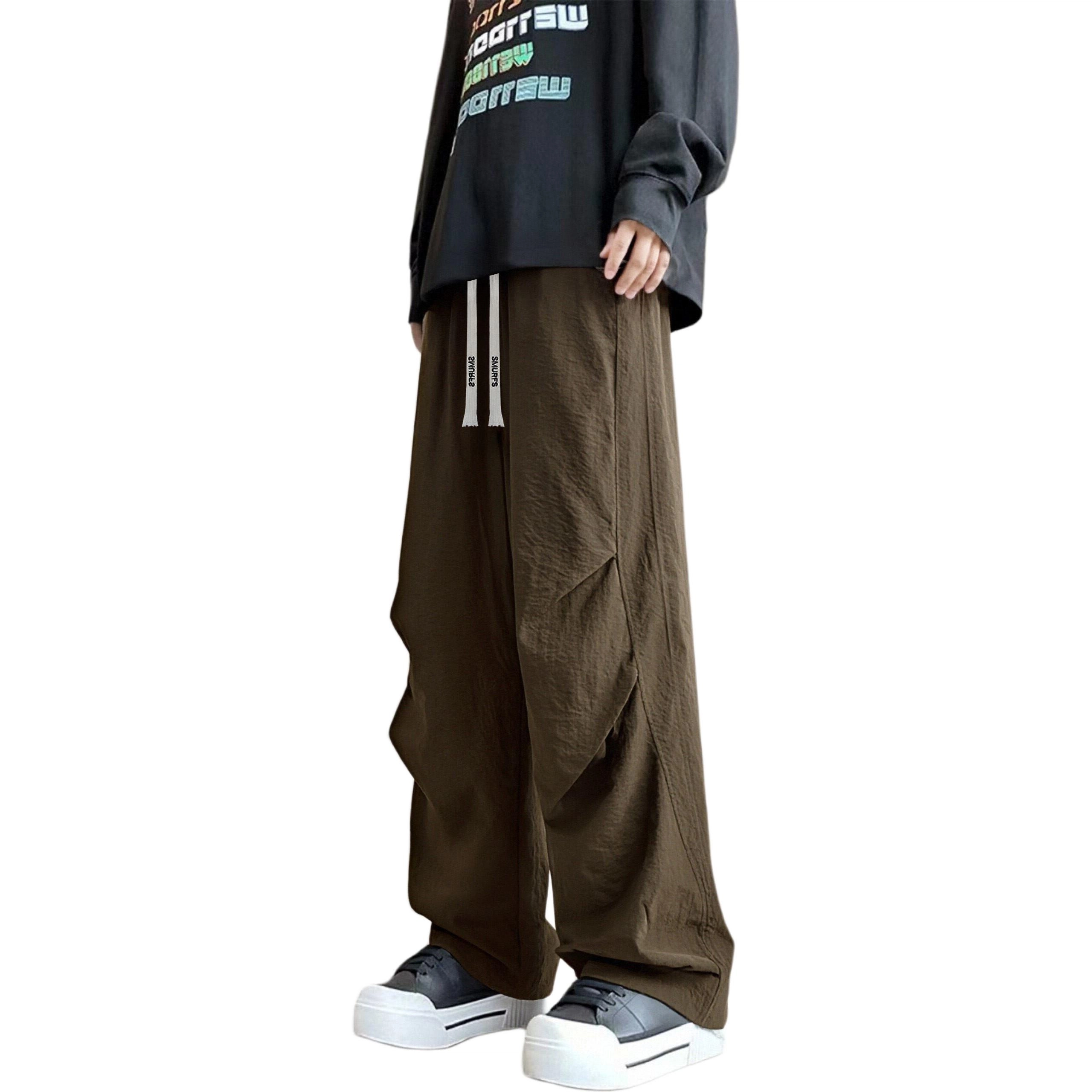 蓝精灵 美式高街潮户外速干伞兵裤简约纯色侧边褶皱肌理感潮牌通勤百搭中腰抽绳弯刀直筒宽松休闲裤 男女同款