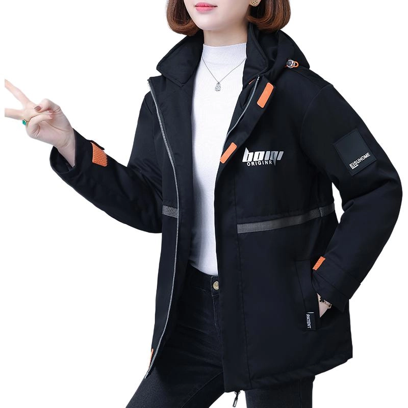 左岸 美式高街时尚潮流拼接设计字母印花韩系面包服棉衣防风抗寒保暖加厚机能工装外套运动休闲御寒厚实暖和棉袄炸街连帽派克棉服 女款