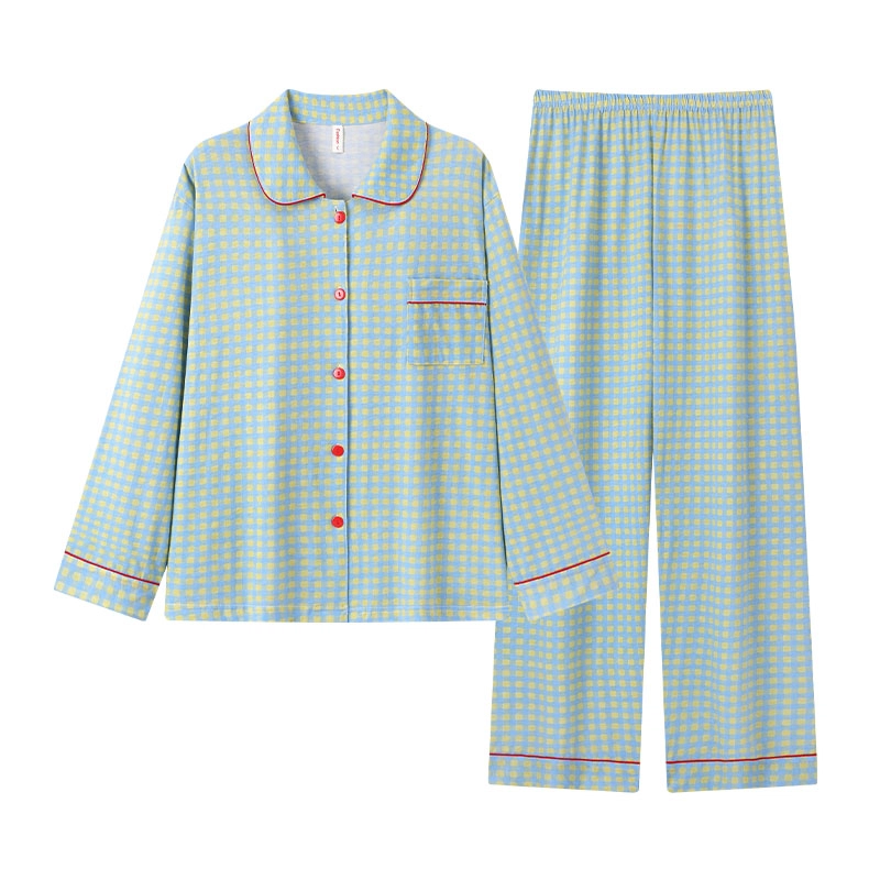 静英鸾 简约方格时尚翻领亲肤舒适可外穿家居服睡衣套装 女款