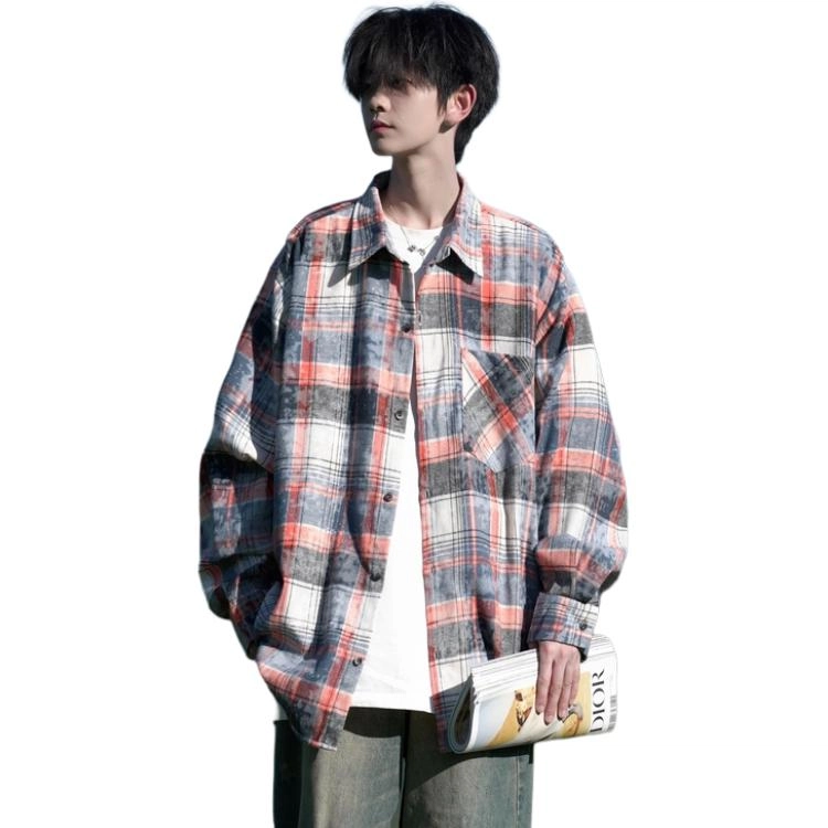 洋气先生 美式复古简约高级感时尚潮流气质百搭条纹花格扎染渐变文艺风日常休闲宽松舒适慵懒氛围感开衫单排扣翻领长袖外套衬衫 男女同款