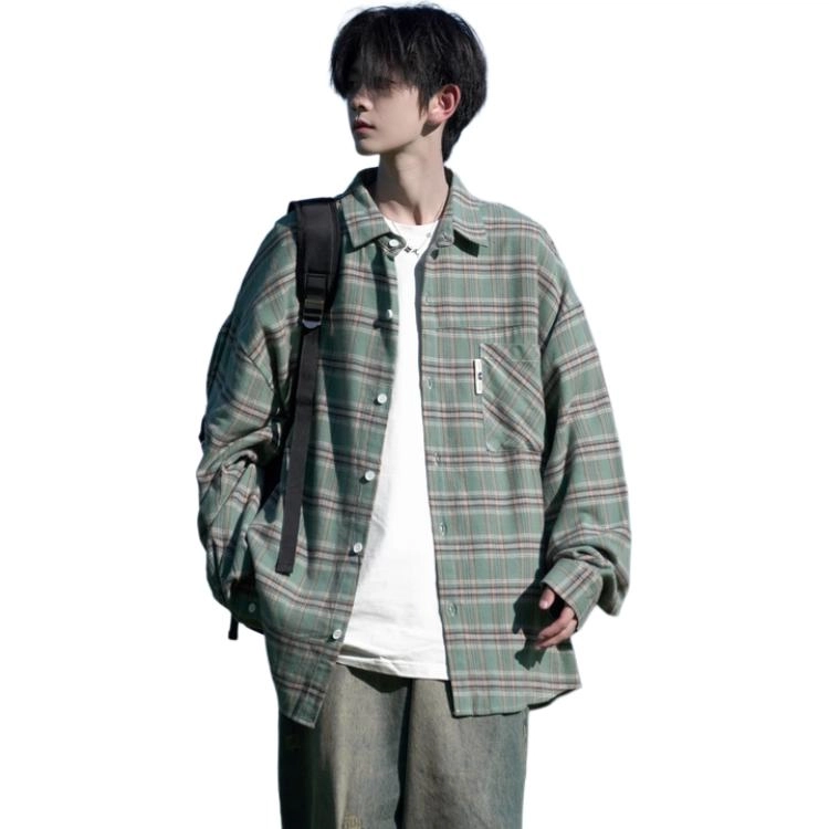 洋气先生 美式复古简约高级感时尚潮流气质百搭经典格纹文艺风日常休闲宽松舒适慵懒氛围感开衫单排扣翻领长袖外套衬衫 男女同款