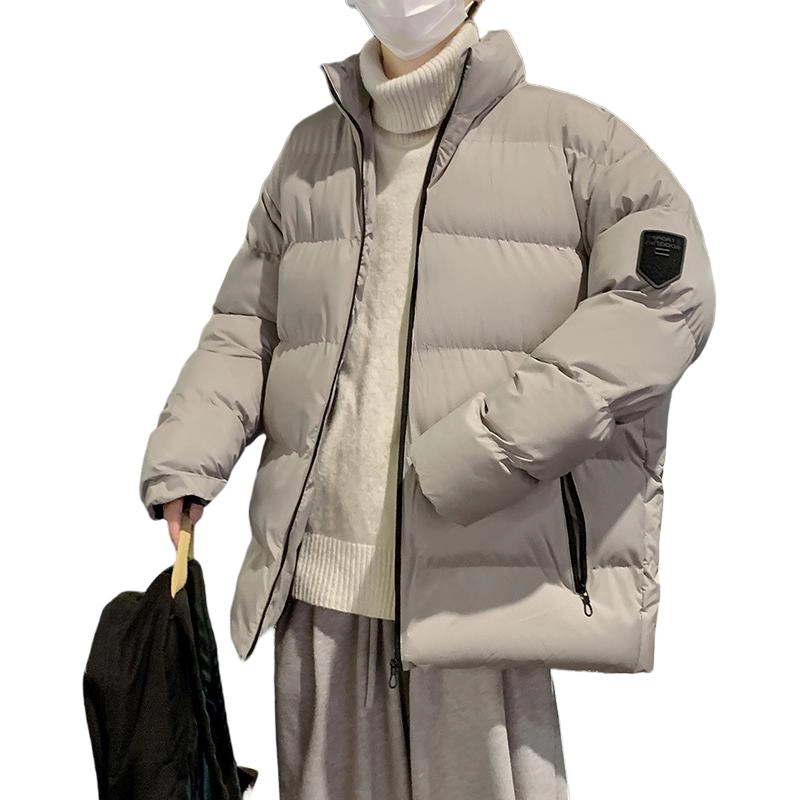 洋气先生 美式高街复古简约纯色基础款无性别主义加厚加绒保暖宽松潮流棉衣日常通勤百搭潮牌休闲防风立领臂章长袖棉服 男女同款