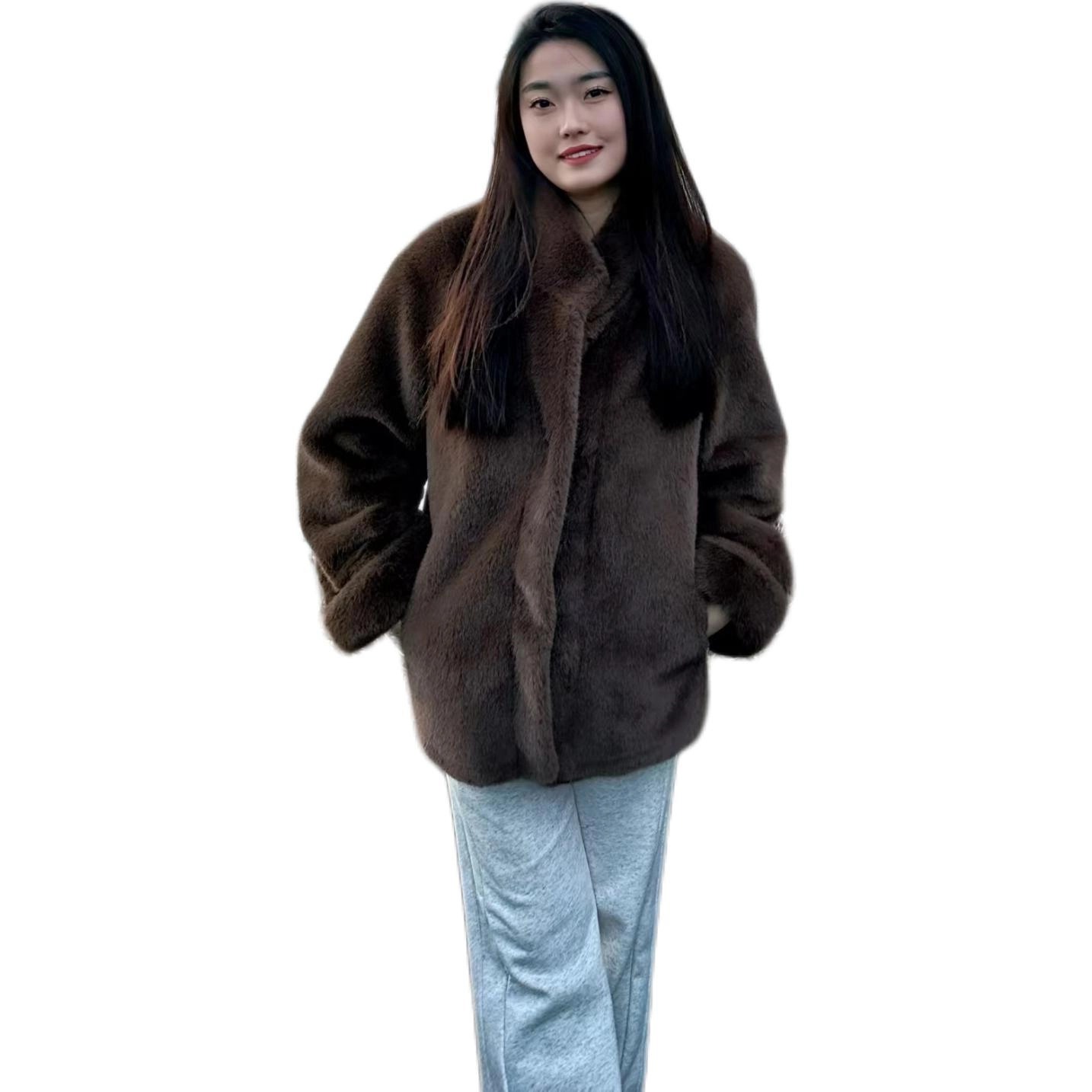 邓大喵 仿水貂毛绒中长款立领皮毛一体韩版挽袖冬季毛外套女皮草 女款