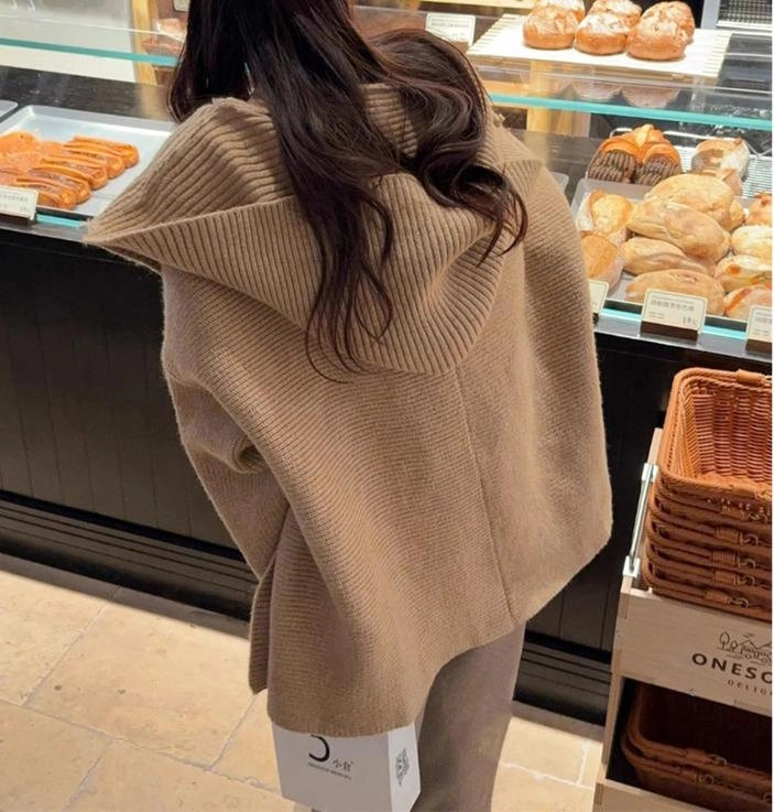 轻迎 美拉德复古慵懒风连帽纯色长袖开衫针织衫 女款