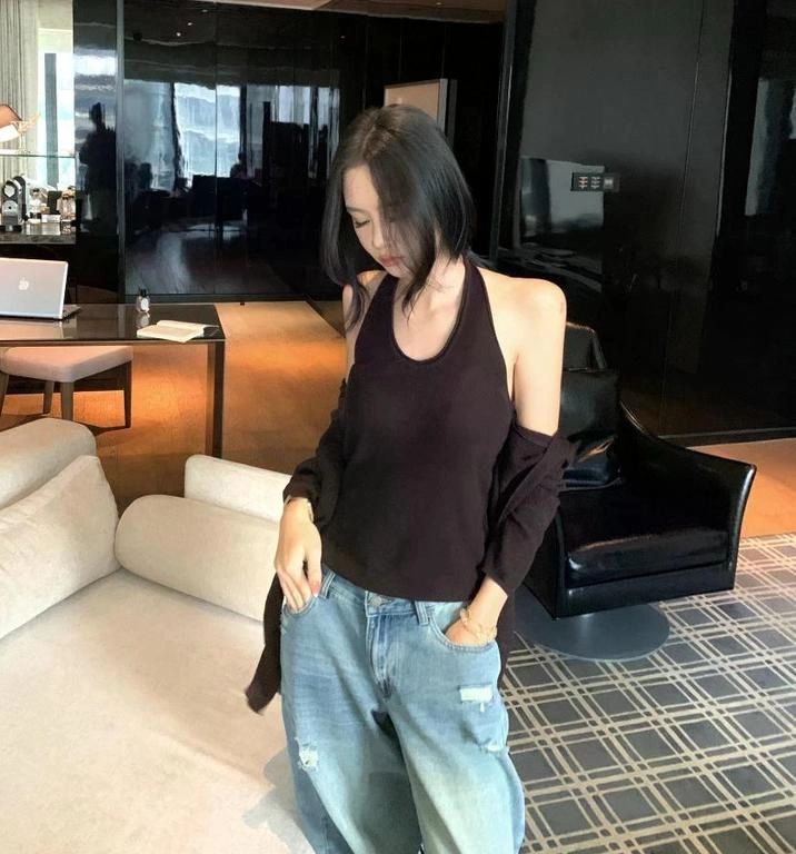 轻迎 法式拼接长袖复古风气质挂脖上衣针织衫 女款