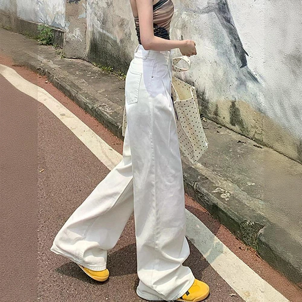 欧迪芬 美式高街白色牛仔裤女士秋夏季小个子窄版直筒宽松舒适显瘦宽腿遮肉拉长腿拖地薄款阔腿裤高腰收腹通勤休闲垂感百搭休闲裤 女款