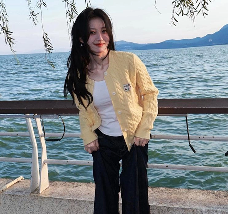 轻迎 美式复古圆领麻花开衫软糯外套针织衫 女款