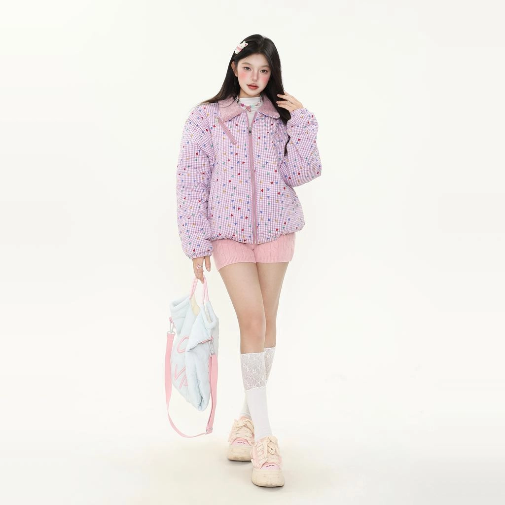轻迎 甜美满印爱心格子翻领外套棉服 女款