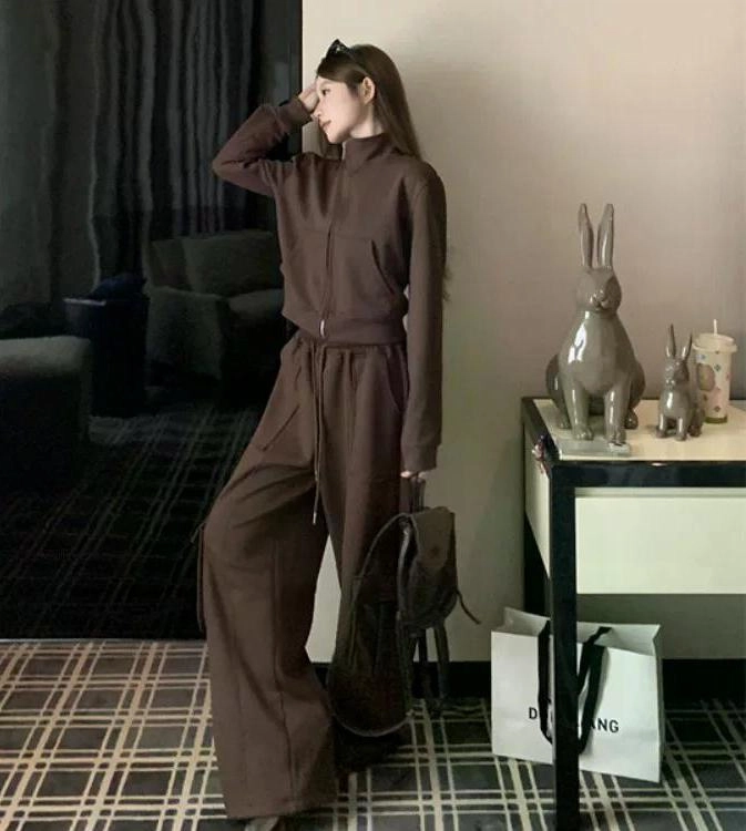 轻迎 复古立领纯色长袖通勤风长裤休闲套装 女款